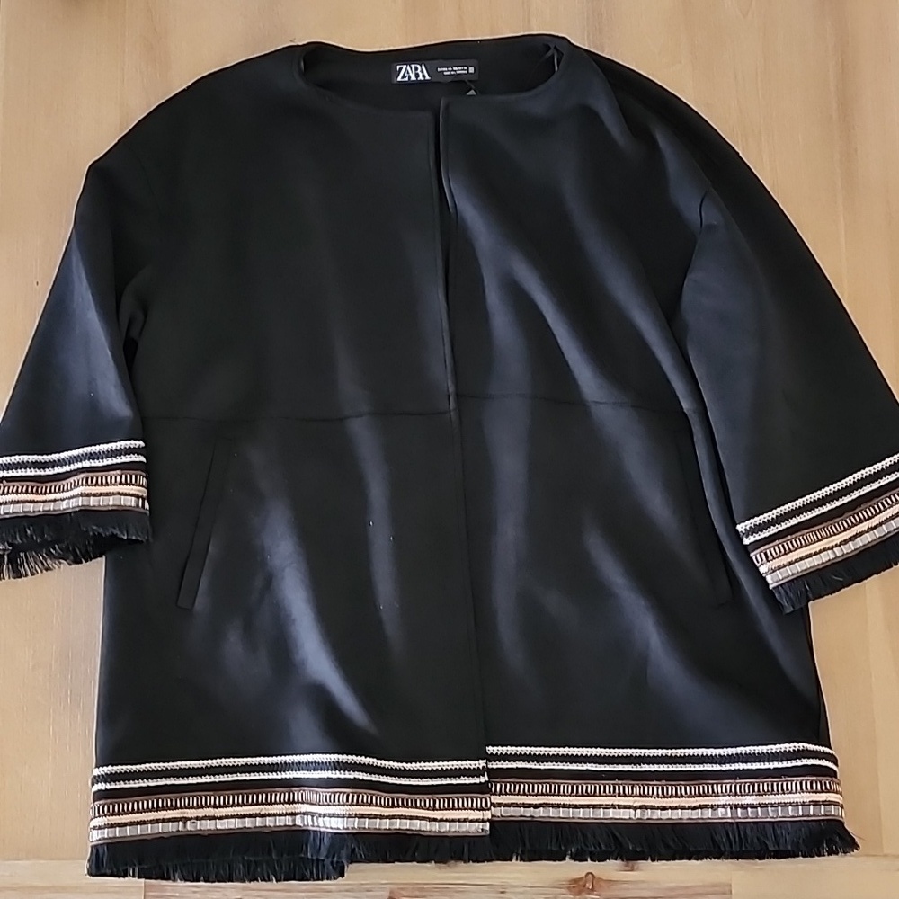 ZARA NWT Faux Suede Fringe Embroidered Open Front Jacket Boho Western XXL - Picture 6 of 13